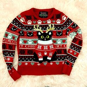 Happy holiday ugly cat sweater US Large